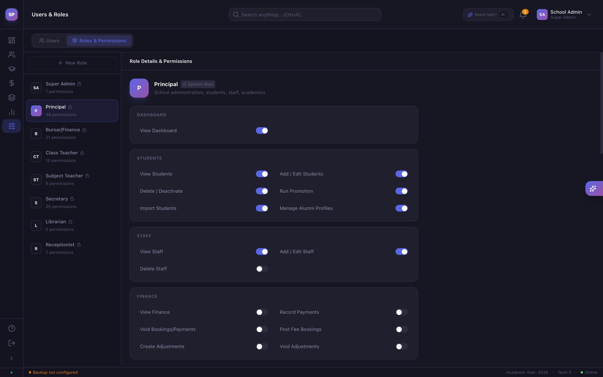 SchoolPro roles and permissions screen, with per-role switches for students, staff and finance